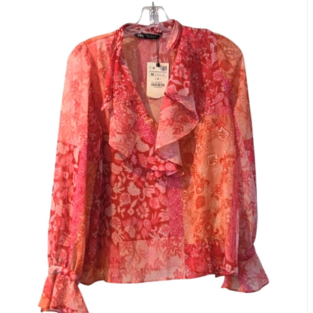 Zara Floral Paisley Boho Ruffled Poet Blouse Pink Orange Patchwork, M NWT